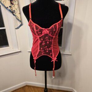 Red Floral Embroidered Bustier Lingerie Top Garter Straps Corset Size Small‎